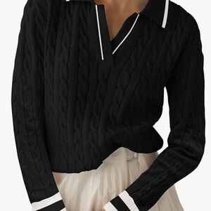 Black Cable Knit Polo Sweater with White Trim XL NWOT